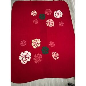 San Marcos Reversible Blanket 93x73 Rose Floral Red Green Vintage Mexican Cobija